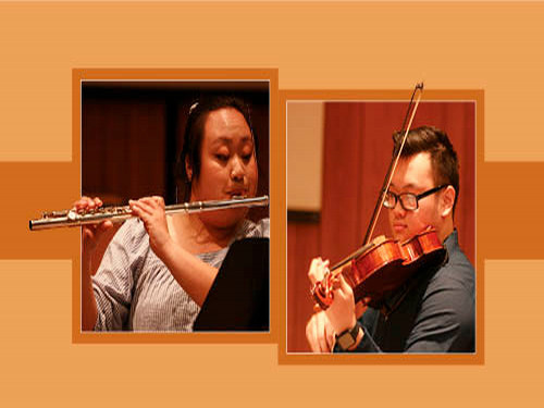 Two students playing instruments